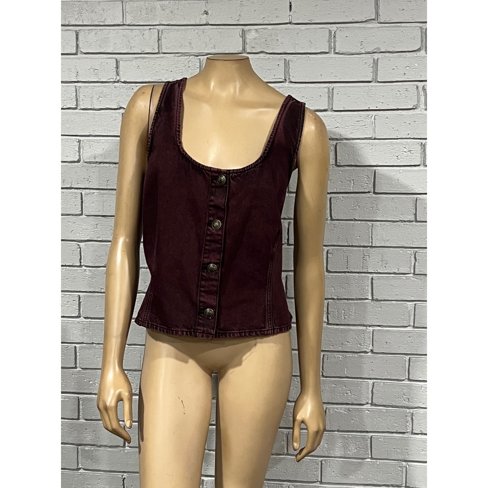 Rag & Bone Burgundy Denim Button Front Sleeveless Vest Top Size 16 - Picture 1 of 5